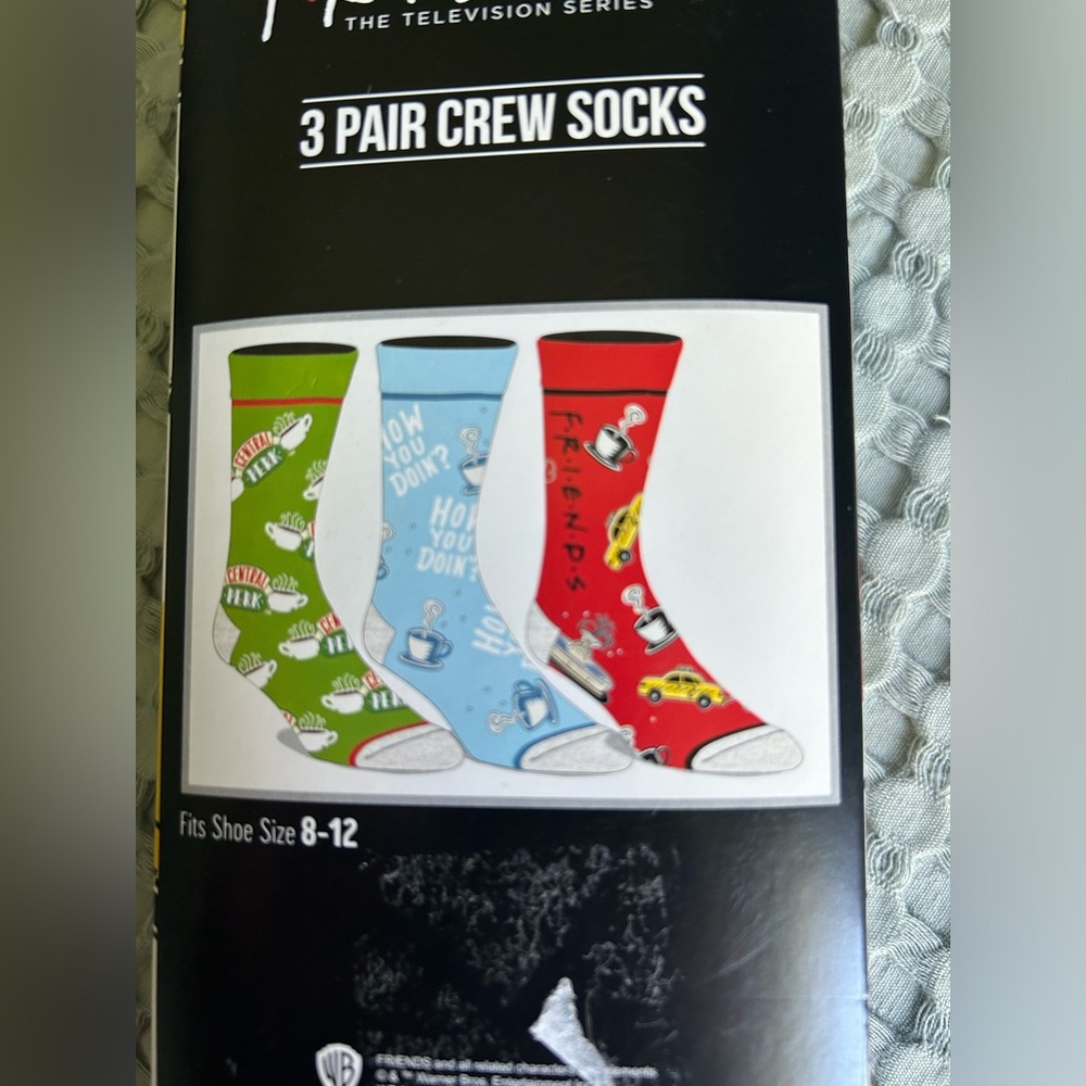 Friends The TV Show 3 Pair Crew Socks Fits Shoe Size 8-12 New In Box